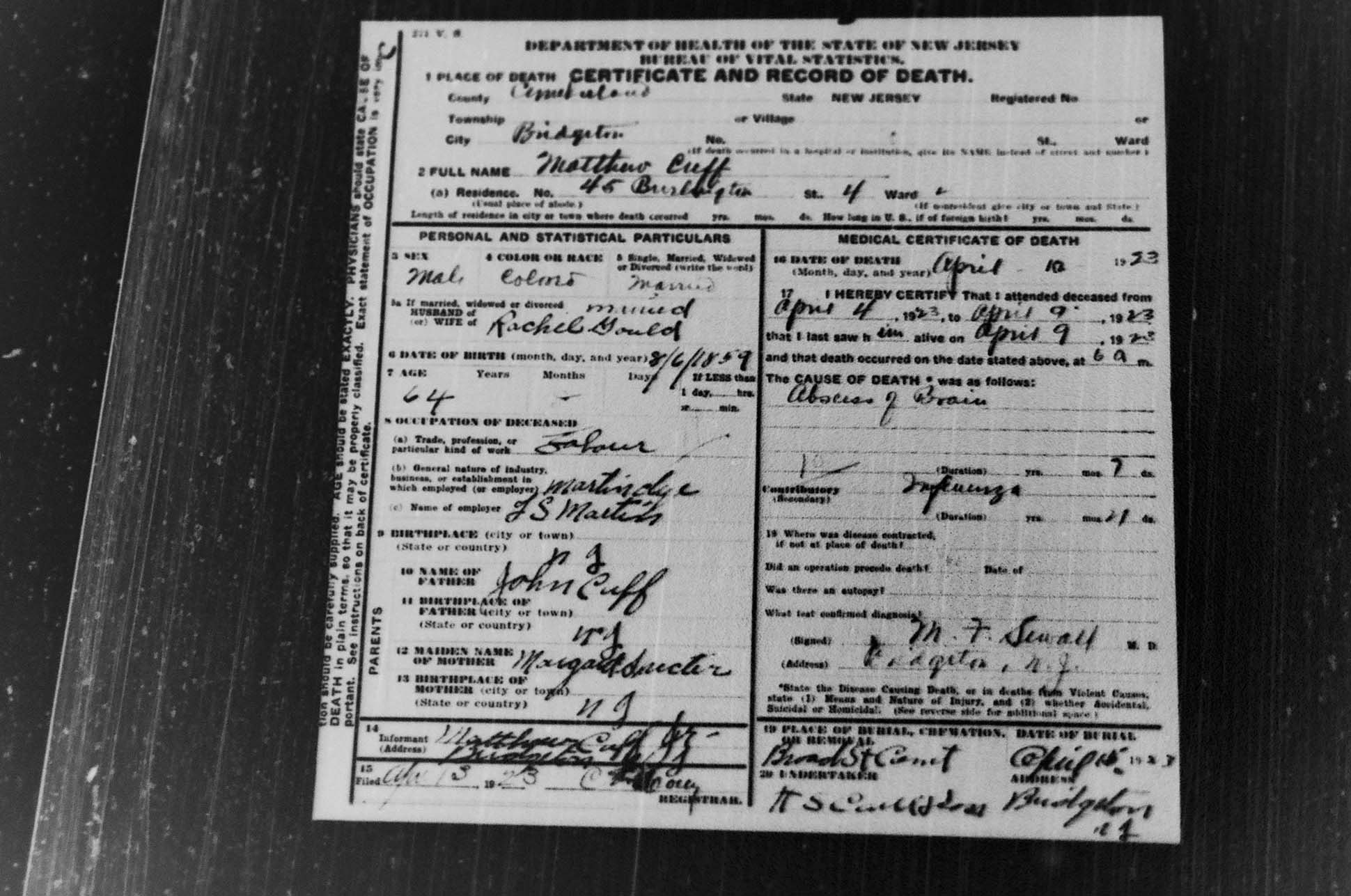 Mitsawokett New Jersey death certificates